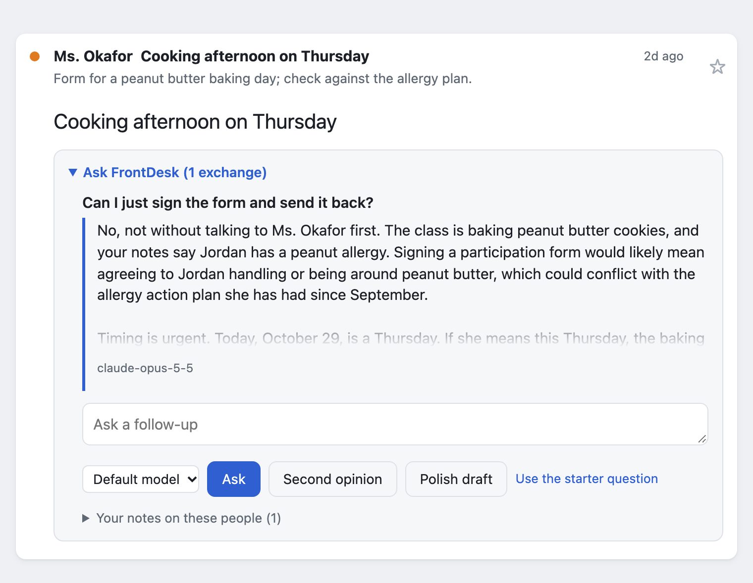 FrontDesk's Ask panel on a class baking-day email. The answer says: your notes say Jordan has a peanut allergy.